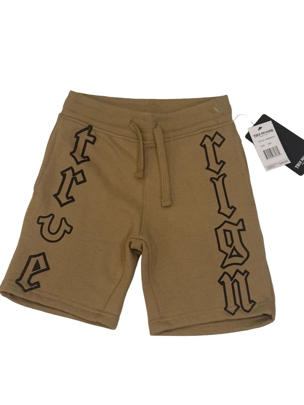 True Religion Boys Old English Logo Fleece Shorts Khaki Tan NWT Size 4 Small
